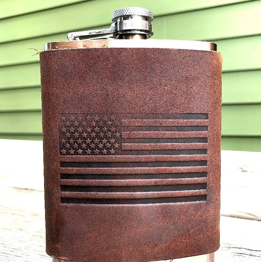 American Flag USA Leather Wrapped Copper Coated Flask - Dusty's Country Store