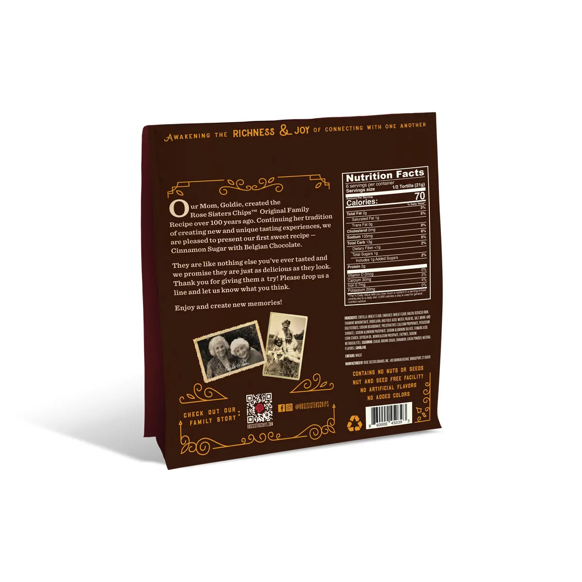 Rose Sisters Baked Flour Tortilla Chips Cinnamon Sugar w/Belgian Chocolate - Dusty's Country Store