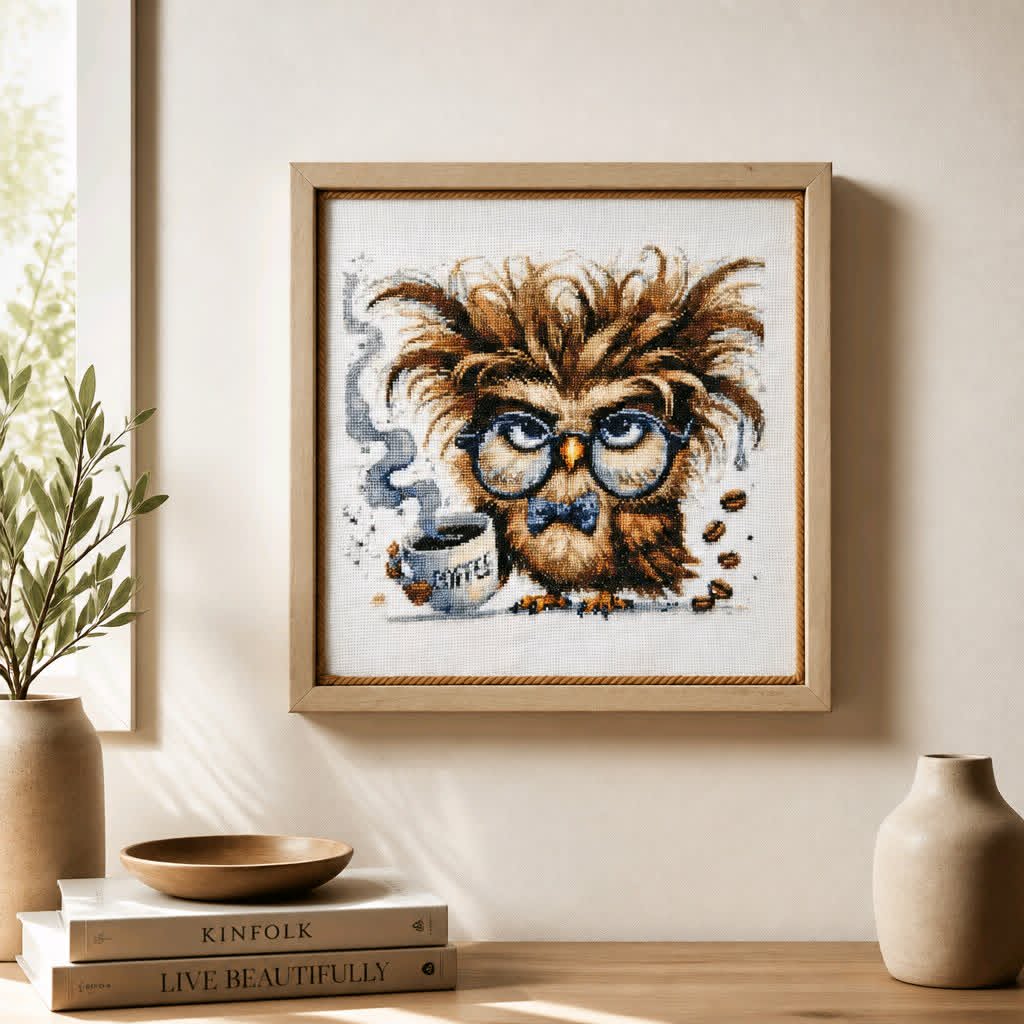 Male Owl Drinking Coffee Handmade Cross Stitch | 16x16 - Dusty's Country Store