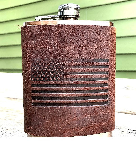 American Flag USA Leather Wrapped Copper Coated Flask