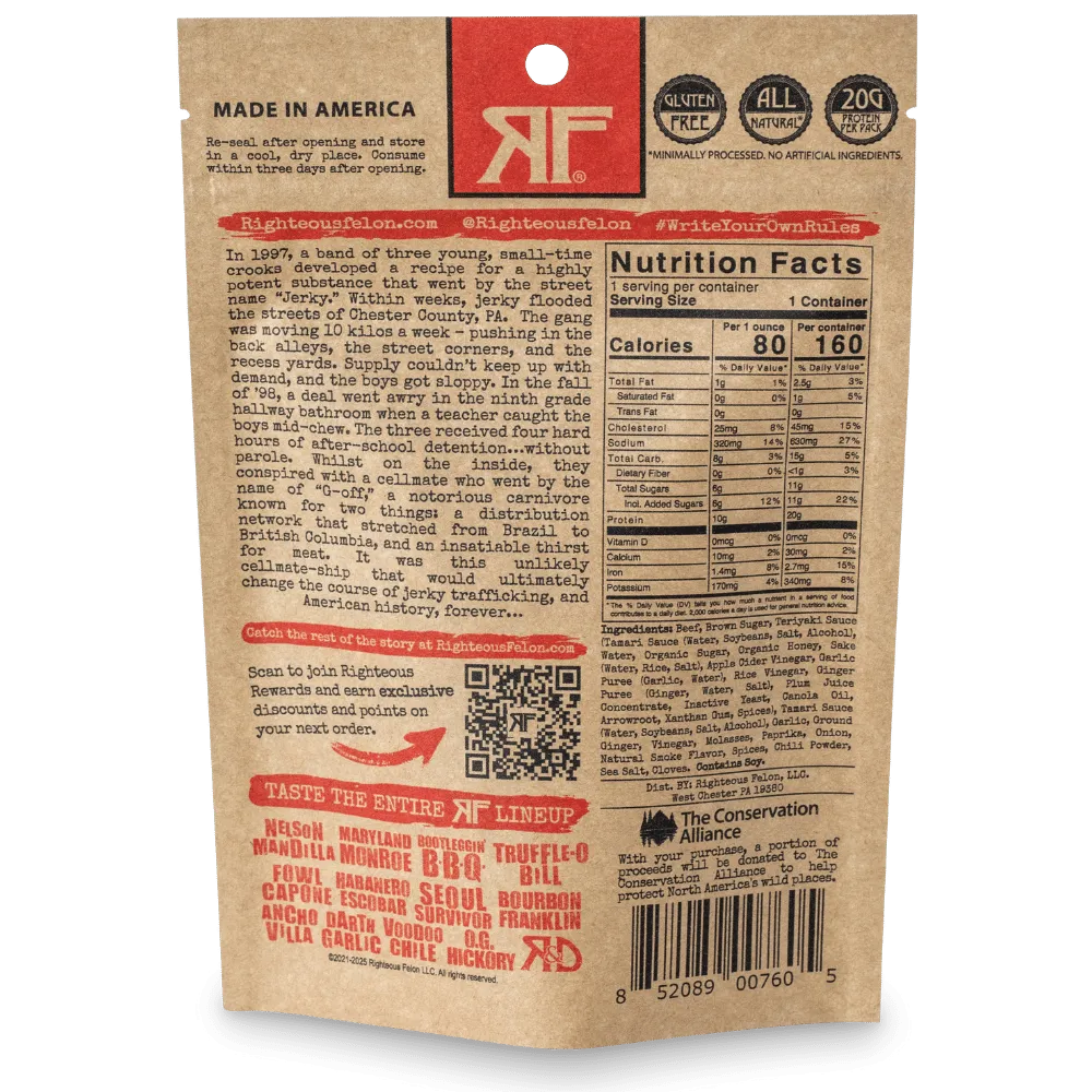 Righteous Felon Teriyaki Balboa Jerky 2oz - Dusty's Country Store