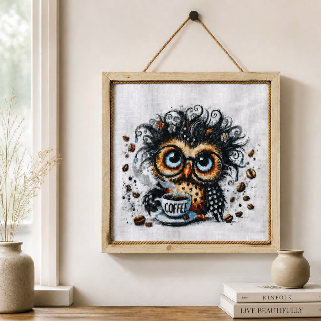 Female Owl Drinking Coffee Handmade Cross Stitch | 16x16 - Dusty's Country Store