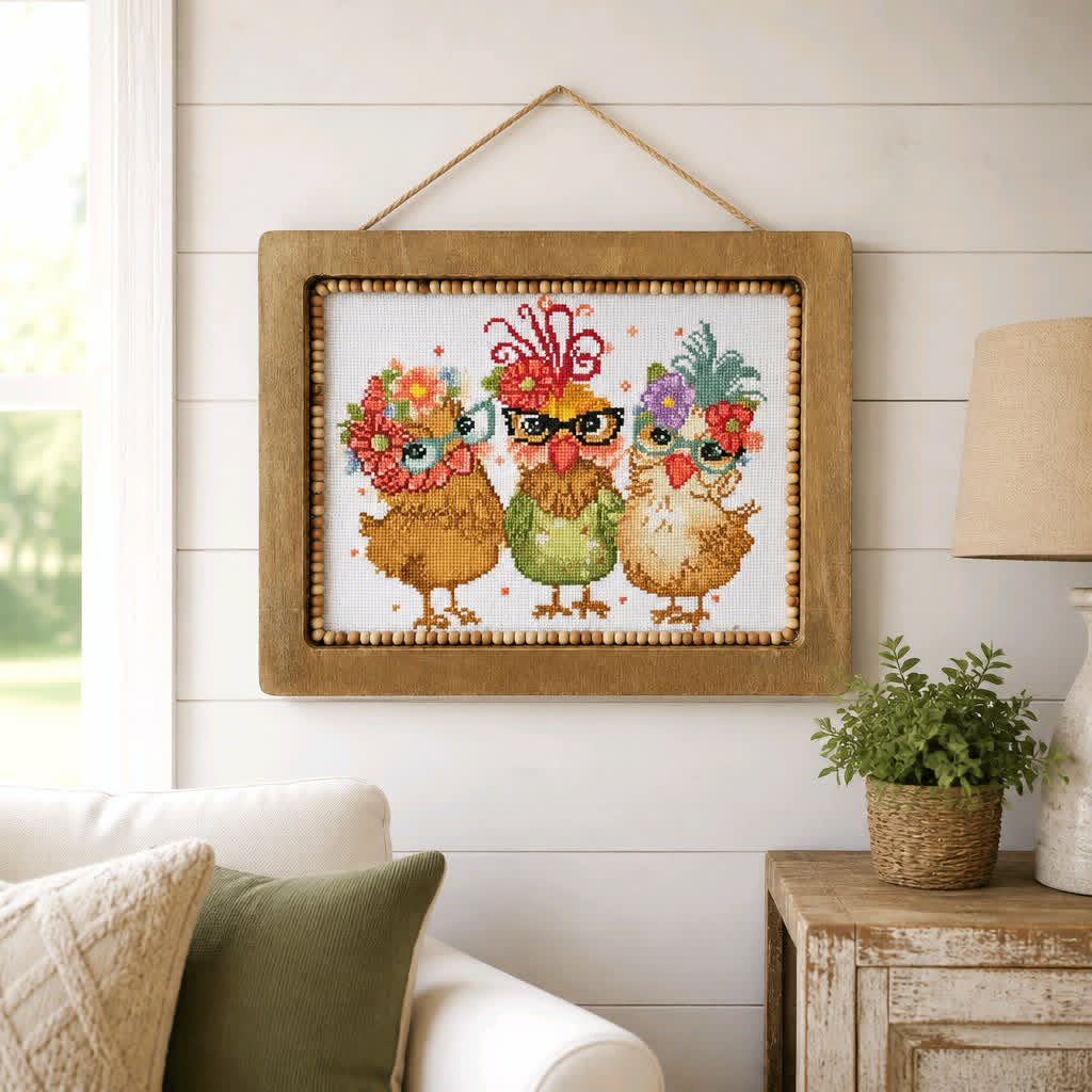 Flower Crown Chickens Handmade Cross Stitch | 14.5x11.5 - Dusty's Country Store