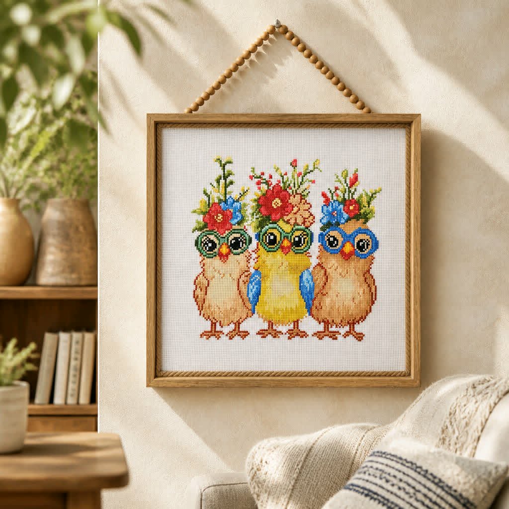 Glasses Wearing Chickens Handmade Cross Stitch | 14x14 - Dusty's Country Store